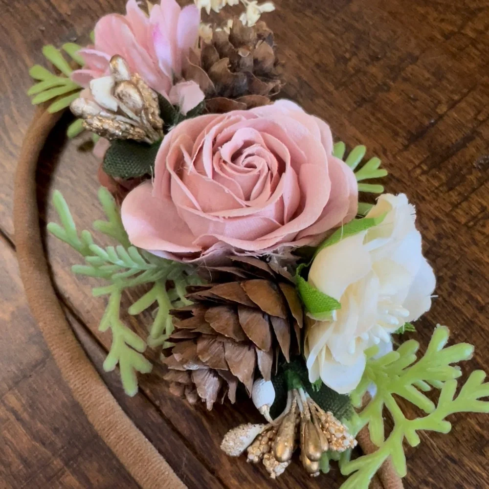 Child or Baby girl flowergirl flower floral pink pinecone winter headband hair